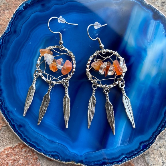 Carnelian & crystal quartz dream catcher earrings - Picture 4 of 6